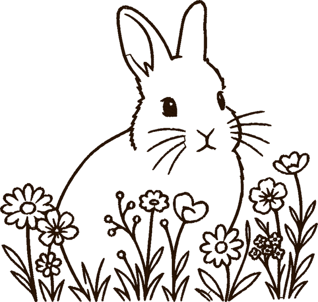The rabbit as minimal line art: a single dark thread traces its ears, face, body and a sparse row of meadow flowers, leaving the fabric open