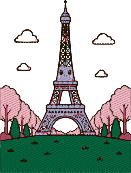 The tower as a kawaii sticker: a rounded cartoon tower with a small face, outlined clouds above it and tulips on the grass